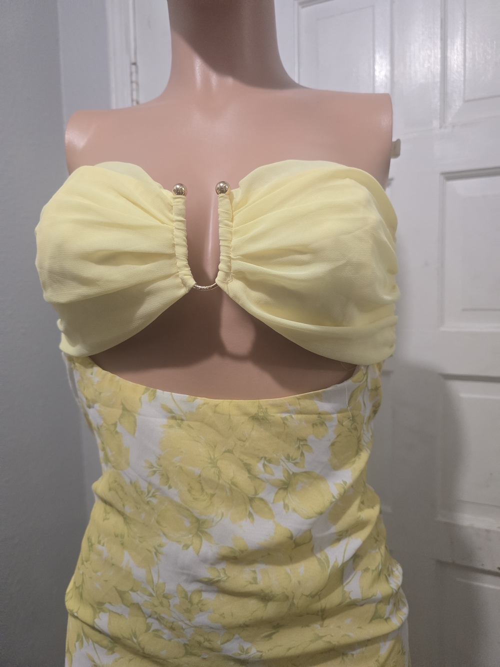 Peppermayo Pale Yellow Floral Strapless Cutout Maxi Dress - Picture 7 of 11